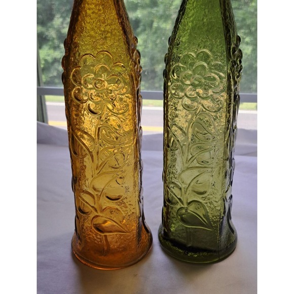 2 Empoli Genie Bottles Amber & Green Floral Design Topless - Picture 2 of 4